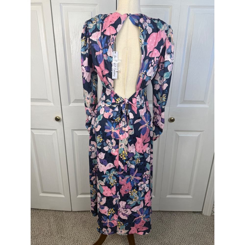 NWT For Love & Lemons Victoria Satin Floral Midi Dress Navy Pink Long Sleeve M - Picture 9 of 13